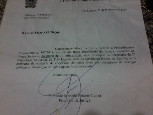 Ofício do MP enviado à prefeitura de Três Lagoas solicitando informações em trinta dias sobre o Passe Livre. Foto: Rádio Caçula.