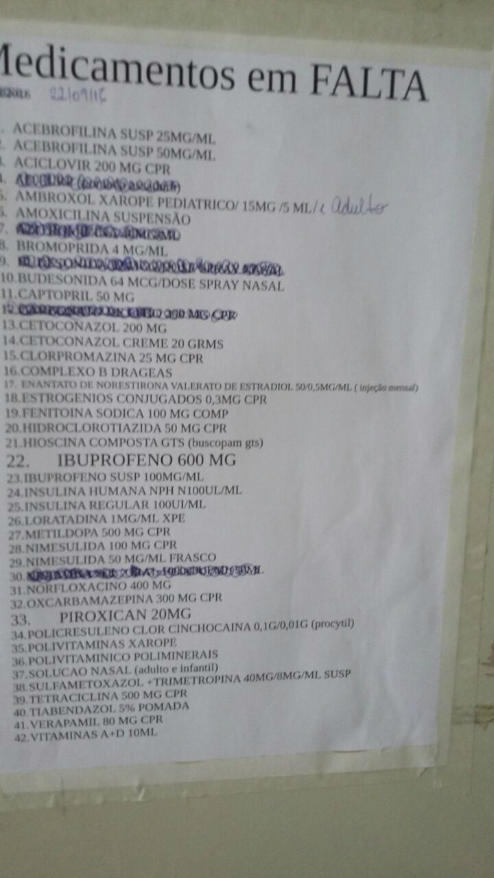 Lista dos remédios em falta na Clínica da Criança. Foto: Divulgação Whatsapp