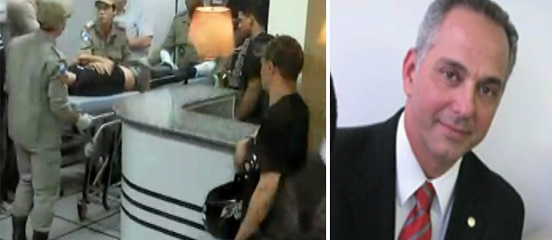 Gomes foi retirado de maca do juizado após ser baleado pelo delegado Henrique Pessoa (à direita)