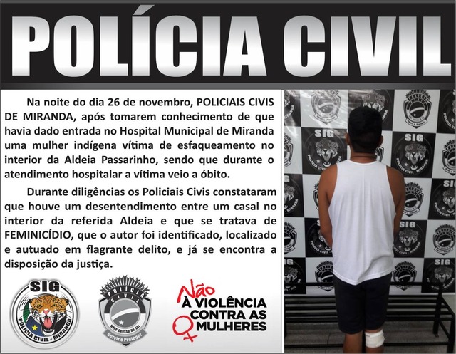 Publicação da Polícia Civil de Miranda nas redes sociais mostra o suspeito detido na Delegacia do município — Foto: Polícia Civil de Miranda/Divulgação