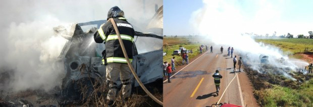 Veículo ficou totalmente destruído e as chamas começaram a se espalhar na vegetação (Foto: Germino Roz/Nova News )