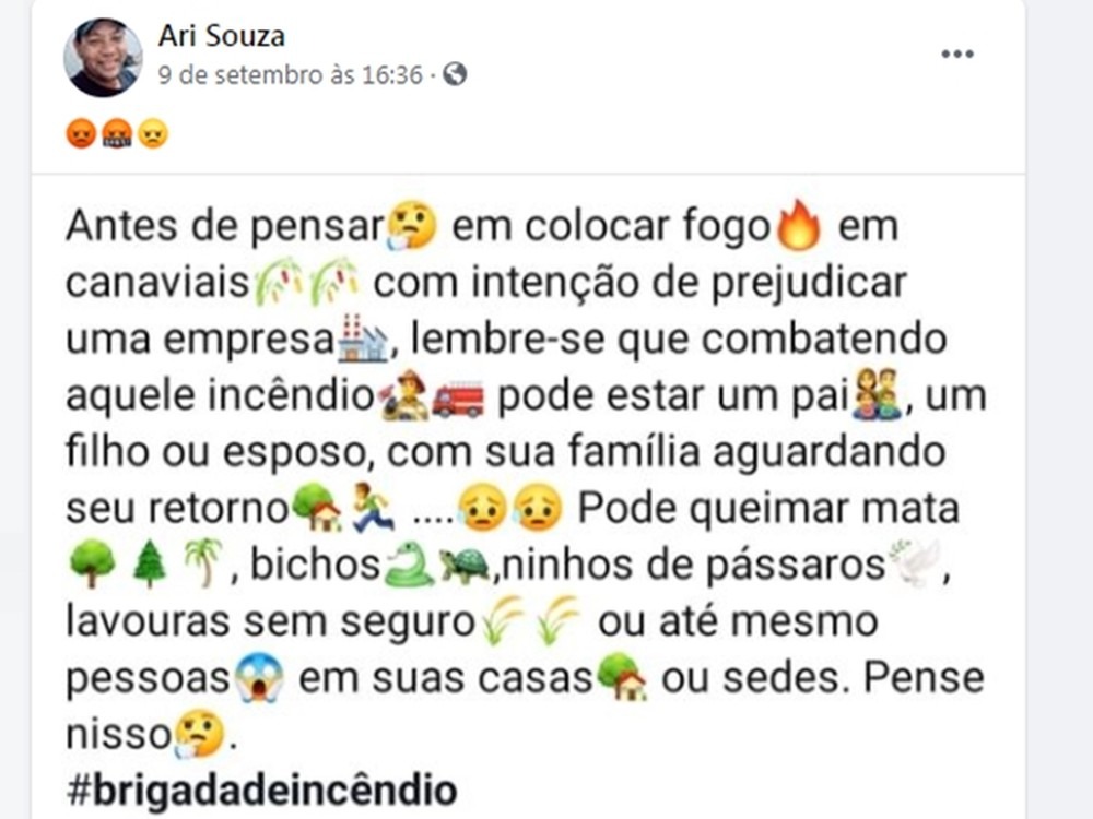 Postagem da vítima sobre queimadas em canavial. Foto: Reprodução