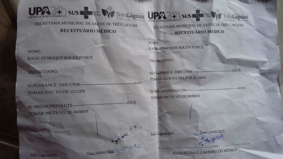 Medicamentos receitados à criança na manhã de sexta-feira (23). Foto:rÁDIO cAÇULA