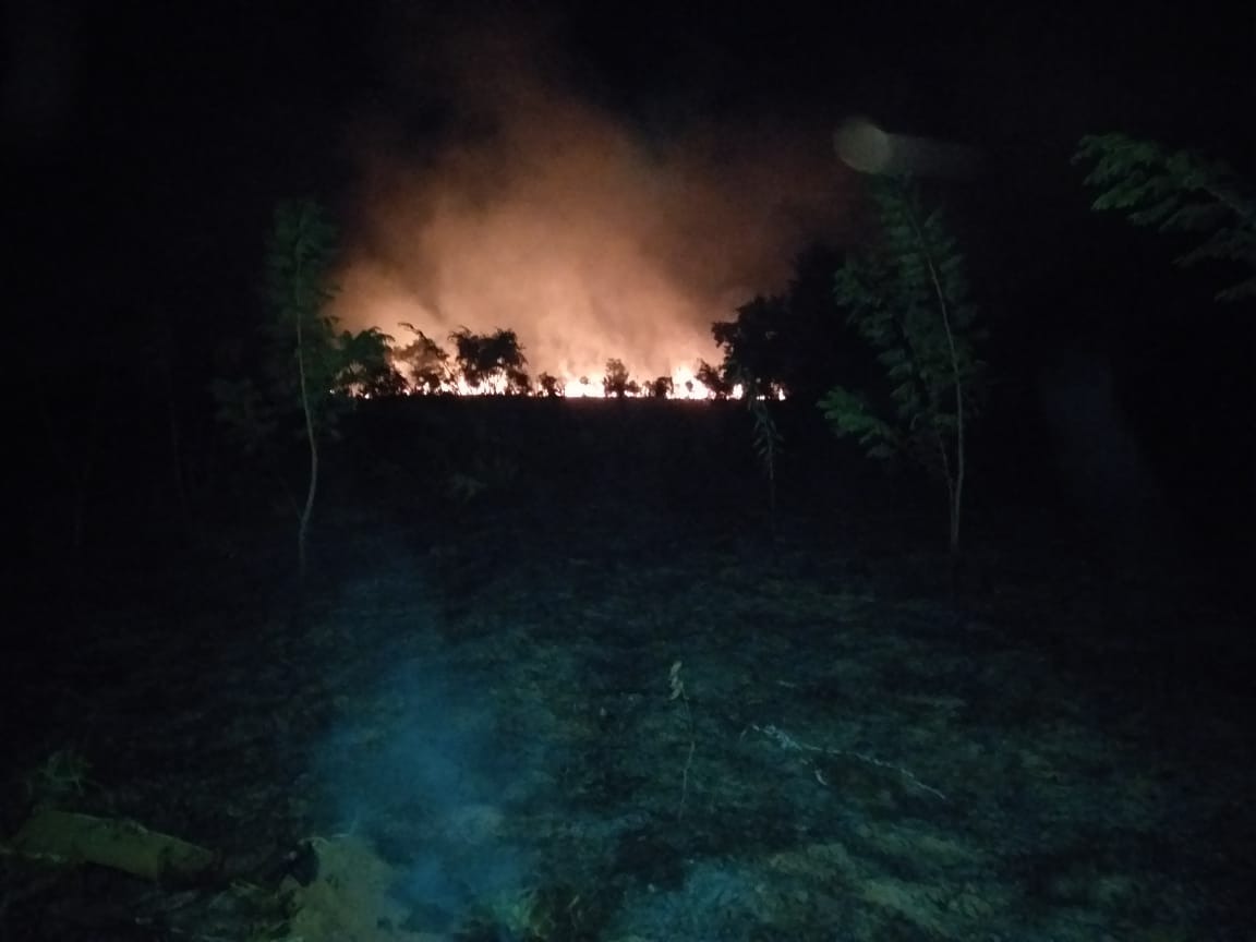 O incêndio de foco inacessível que atinge a área verde da BR-158 desde a noite de sábado (27). Foto: 5° GCB