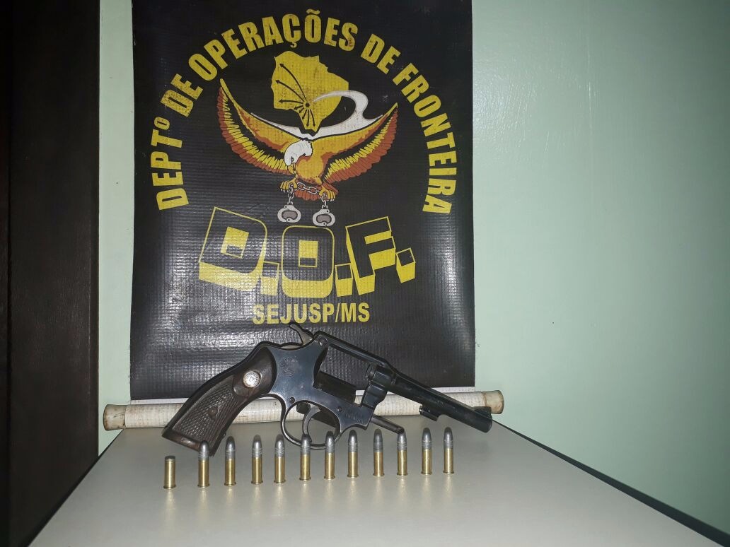 Revólver calibre 22 com 11 munições intactas e uma deflagrada, apreendidas na MS-141. (Foto: Divulgação / DOF)