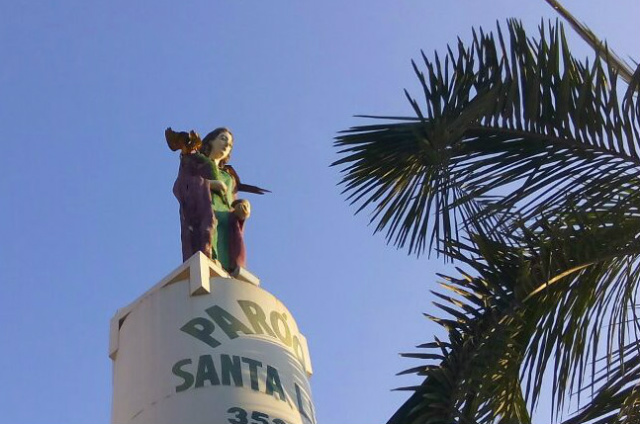Apesar dos coqueiros e palmeiras ao redor da igreja, as aves deram preferência à estátua da santa. Fotos e vídeo: Antônio Gonçalves de Senna/ Rádio Caçula.