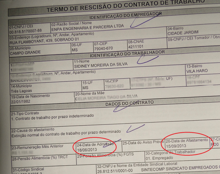 O contrato mostra a data que o rapaz foi demitido.Foto: Rádio Caçula
