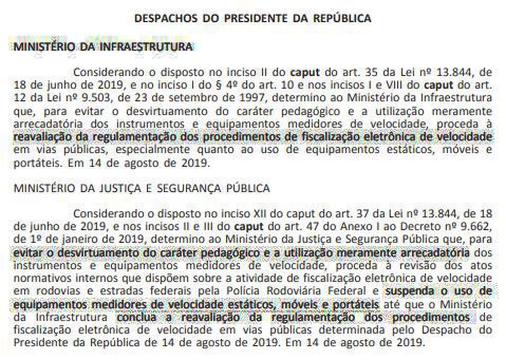 Suspensão do uso de radares móveis publicada em despachos do presidente Jair Bolsonaro no 'Diário Oficial da União' desta quinta-feira (15) — Foto: Reprodução/Diário Oficial da União