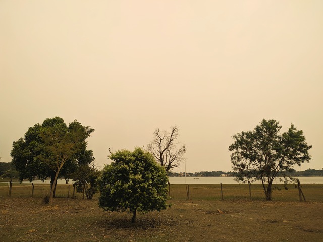 Em Três Lagoas (MS), o céu amanheceu nublado e com um tom alaranjado devido a baixa umidade do ar, que deve permanecer durante do dia - Foto: Rodrigo de Freitas / Rádio Caçula