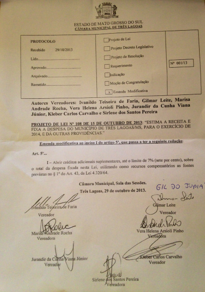 Documento de modificação e limite orçamentário já esta assinado pelo grupo dos sete.Foto: Rádio Caçula