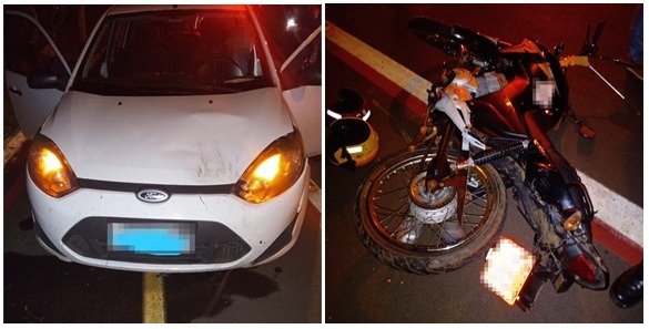 O motociclista sofreu escoriações na região da face e uma provável fratura no ombro sendo encaminhado para o Hospital Auxiliadora. Foto: Polícia Militar 