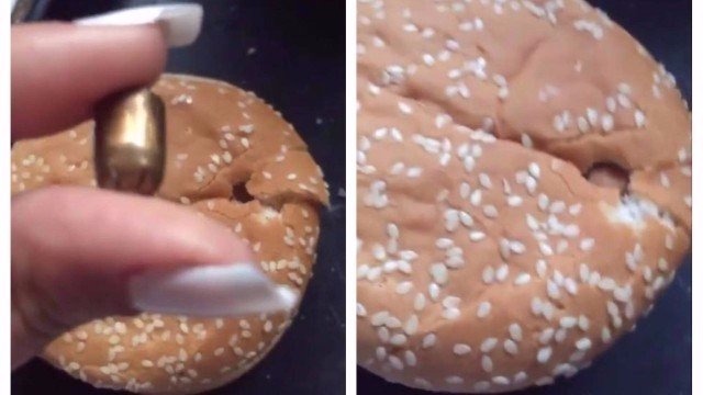 Gerente encontrou bala quando pegou pão para preparar hambúrguer (Foto: Reprodução)