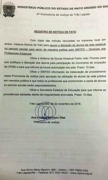 Documento da Promotoria de Três Lagoas. 