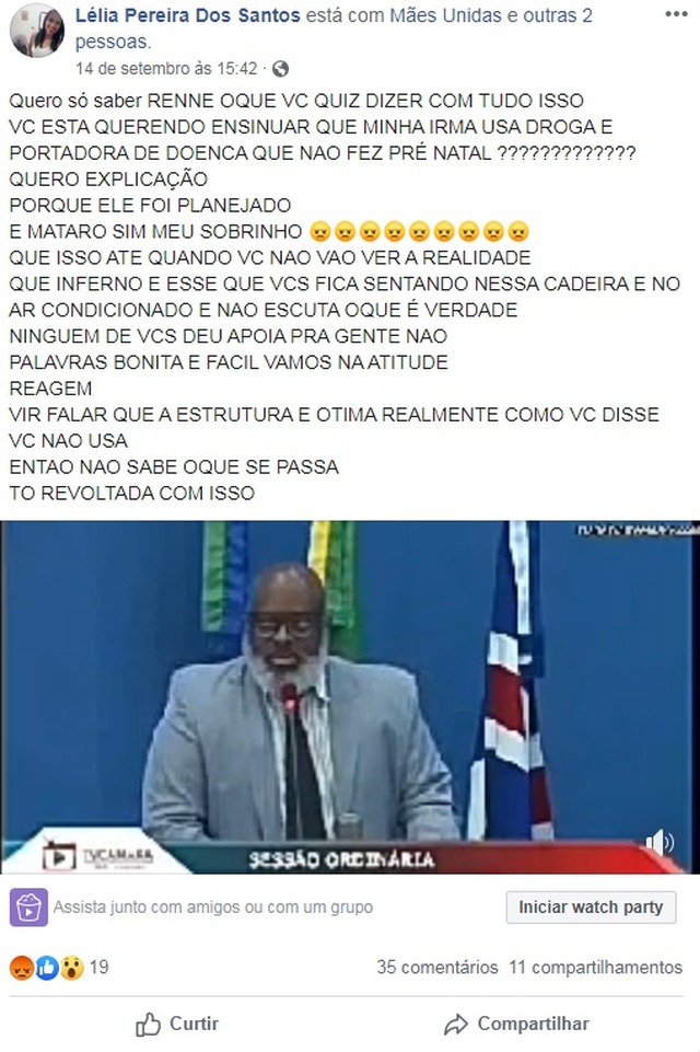 O post do Facebook com o pronunciamento do vereador gerou muitos comentários e revoltas. Foto: Facebook.