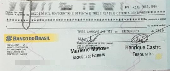 Cheque falsificado da Prefeitura Municipal de Três Lagoas (MS). Foto: Rádio Caçula.