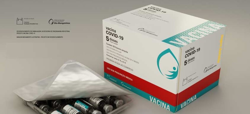Simulação da embalagem da vacina contra a Covid que será desenvolvida pela Fiocruz/BioManguinhos após transferência de tecnologia dos desenvolvedores AstraZeneca/Oxford. Foto: Divulgação