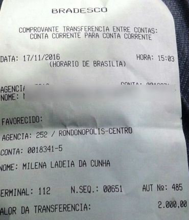 Imagem do comprovante de transferência para conta repassada pelo estelionatário. Foto: Rádio Caçula.