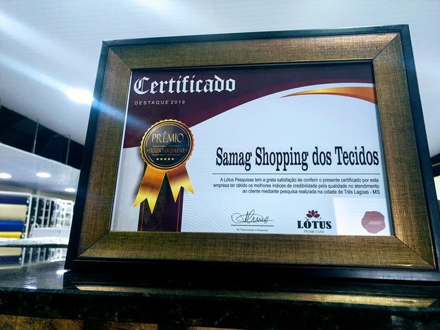 Certificado de Destaque 2019 ganho pela empresa Samag Shopping do Tecidos. Foto: Arquivo pessoal.