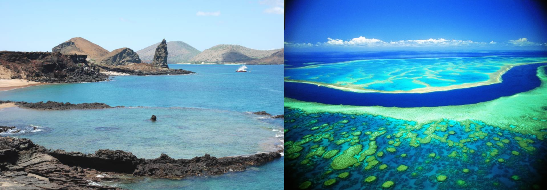Ilhas Galápagos á esquerda e Barreira de Corais na Austrália á direita (Foto: divulgação)