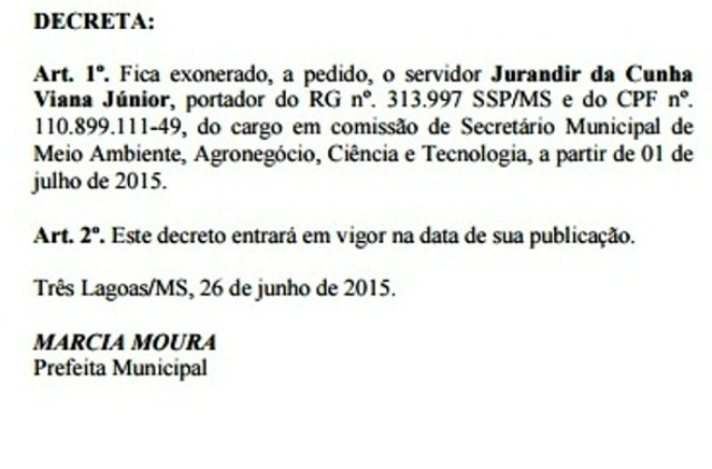 Reprodução do Decreto publicado nesta data no Diário Oficial dos Municípios de MS