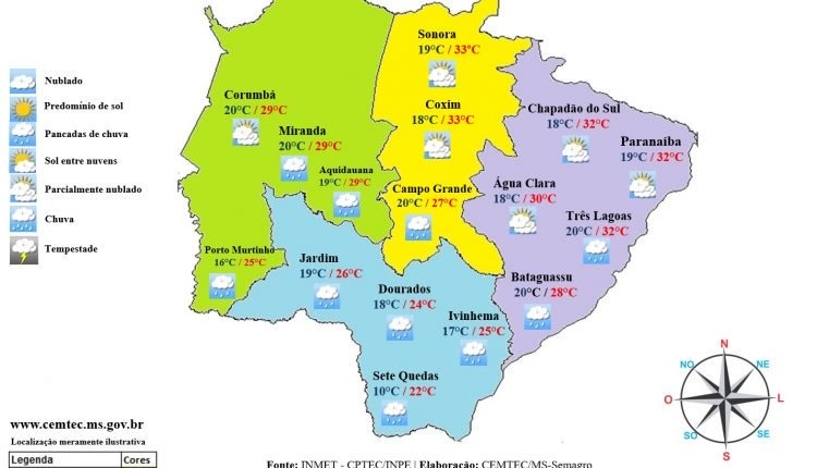 Veja como ficam as temperaturas em várias cidades do Estado nesta terça-feira. (Imagem: Cemtec/arte)
