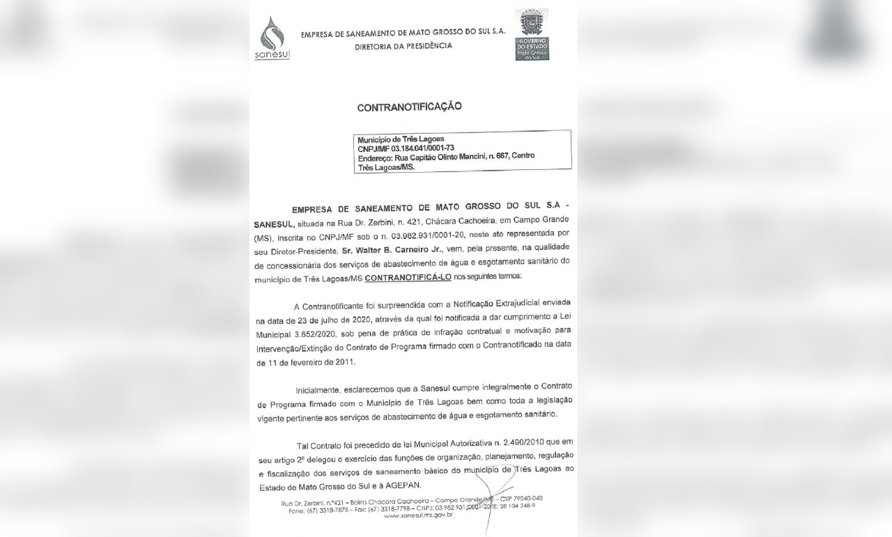 Documento de contranotificação da Sanesul enviado à Prefeitura de Três Lagoas. Foto: Rádio Caçula.