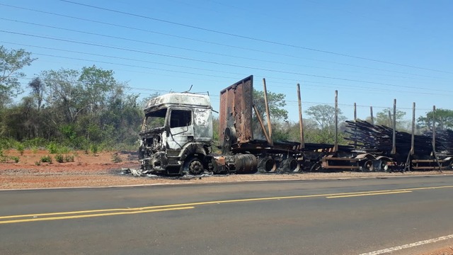 O incêndio destruiu o veículo e a carga de eucalipto. Foto: 5º GBM.