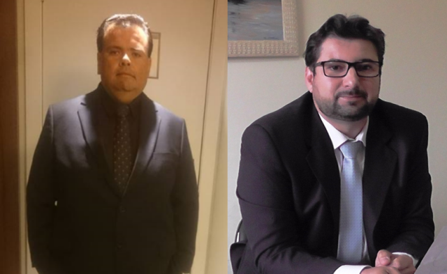 José Thadeu Moreira investigado pela Polícia Civil de Três Lagoas (esquerda) e o Advogado de defesa Dr. Tiago Vinicius Martinho (direita).