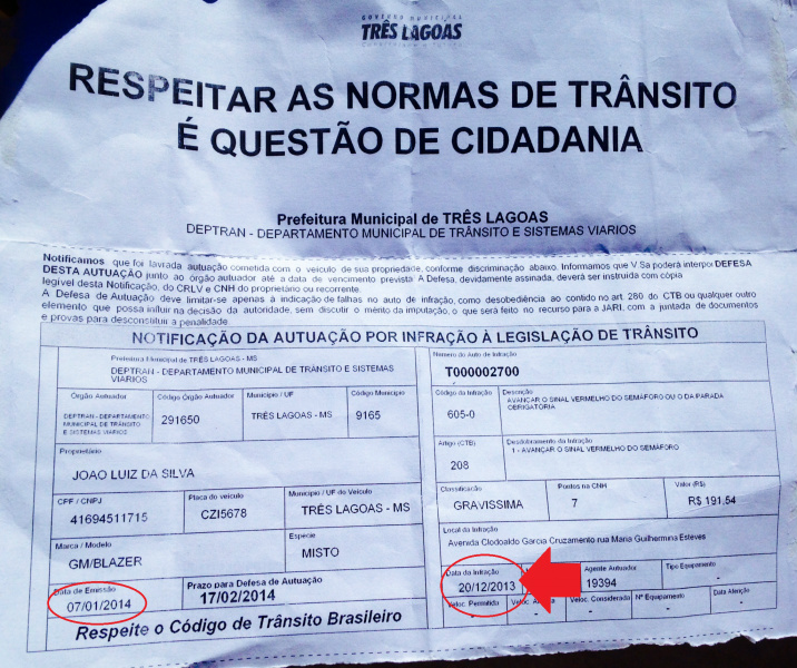 A data da multa foi 20/12/2013 quando Braga Jr. parou o carro (estacionou) para entregar uma coroa de flores em homenagem as vítimas na BR-267.