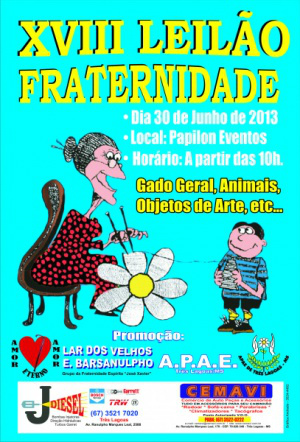 Neste domingo, 30, acontece em Três Lagoas o XVIII Leilão da Fraternidade, organizado pela A.P.A.E e o Lar dos Velhos, entidades assistenciais da cidade.Foto: Reprodução