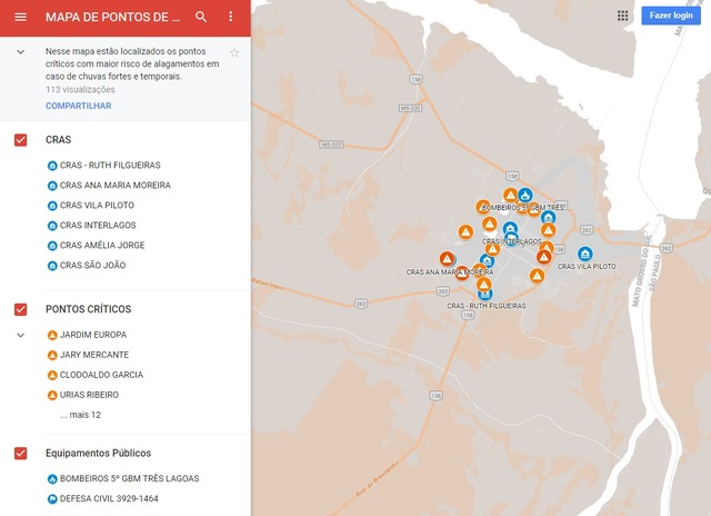 Levantamento realizado pela Defesa Civil dos pontos de alagamento em Três Lagoas. Foto: Google Maps.