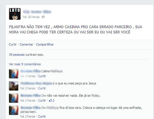 Mensagem postada no Facebook pelo suspeito do crime