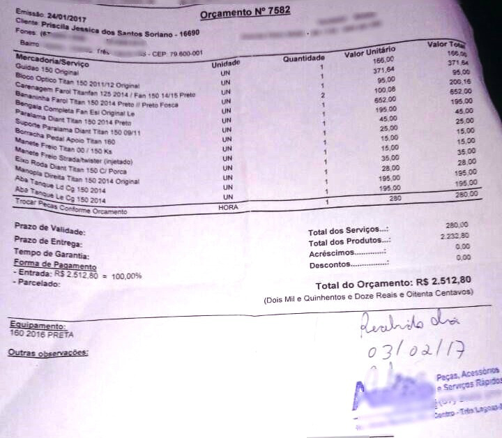 Documento enviado pela vítima, segundo ela foi pago um valor de mais de R$ 2 mil reais e a motocicleta não foi consertada. Foto: Arquivo Pessoal 